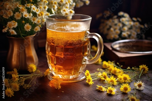 chamomile tea in a clear glass mug, flowers scattered around