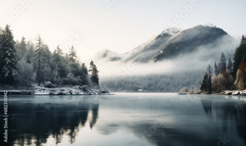 Beautiful scene of winter forest. Colorful morning view of misty lake and mountains during sunrise. Beauty of nature concept background.