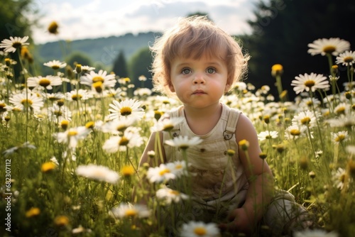 child playing in a field full of chamomile flowers