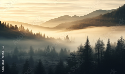 Beautiful scene of winter forest. Colorful morning view of misty mountains during sunrise. Beauty of nature concept background.