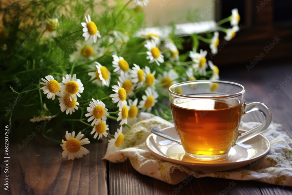 a cup of chamomile tea beside fresh flowers on a wooden surface a cup of chamomile tea beside fresh flowers on a wooden surface