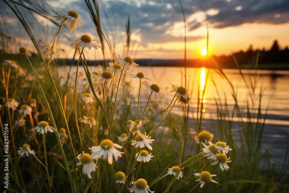 chamomile flowers growing amidst wild grass, shot at sunset