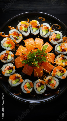 Sushi roll with salmon, avocado, cucumber and cream cheese on a black background. Japanese food restaurant