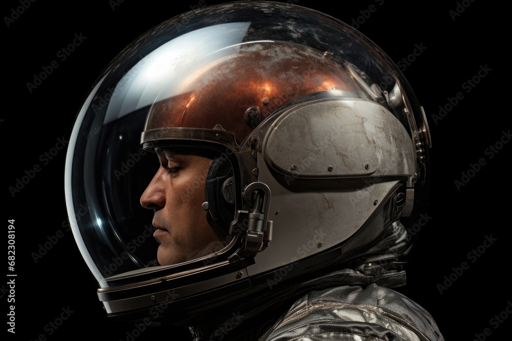 with an astronauts helmet reflecting the moons surface