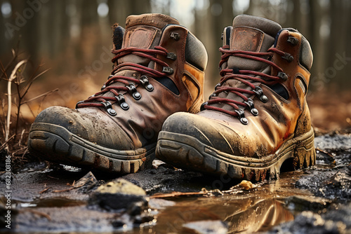 A pair of worn-out hiking boots covered in mud, telling the story of adventurous journeys. Concept of exploration and outdoor activities. Generative Ai.