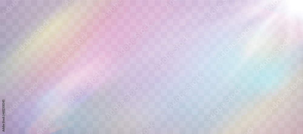 Blurred rainbow refraction overlay effect. Light lens prism effect on transparent background. Holographic reflection, crystal flare leak shadow overlay. Vector abstract illustration. - obrazy, fototapety, plakaty 