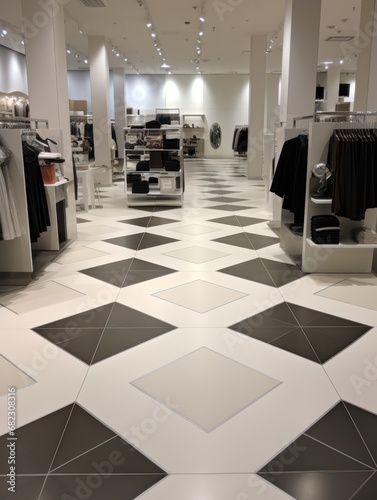  a black and white checkered floor in a store with a black and white checkerboard pattern on the floor and a black and white checkerboard pattern on the floor.