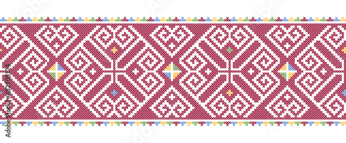 Ukrainian colorful embroidery pattern for textile, fabric, cloth. Vector seamless pattern, print. Ukrainian folk embroidery, ethnic ornament in yellow and blue colors. Pixel art, vyshyvanka, cross
