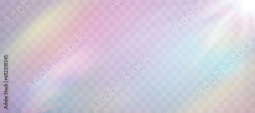 Blurred rainbow refraction overlay effect. Light lens prism effect on transparent background. Holographic reflection, crystal flare leak shadow overlay. Vector abstract illustration.