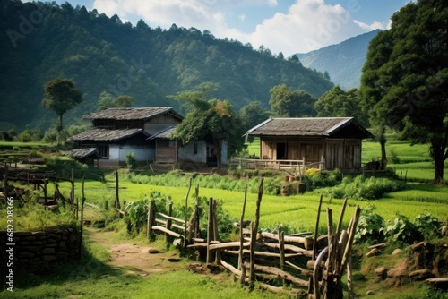  a grassy field with a wooden fence in front of a small house in the middle of a forest with a mountain in the backgrould of the background.