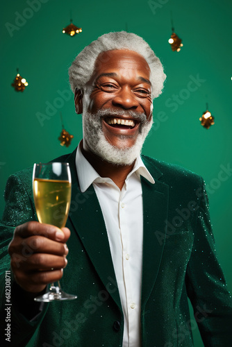 Happy Mature African American man with Grey Hair Celebrating New Years Party on a emerald Background with Space for Copy