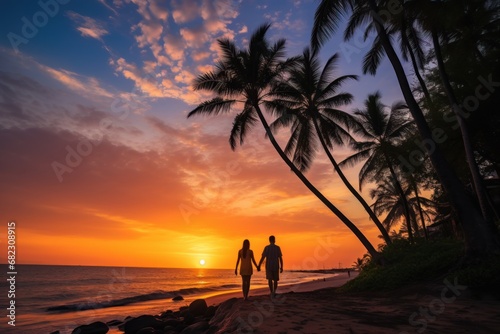  a couple of people walking down a beach next to the ocean with palm trees on both sides of the beach and the sun setting in the distance in the distance.