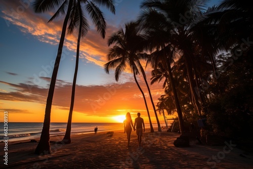 a couple of people walking down a beach next to a forest of palm trees and the sun setting in the distance with a couple of people walking down the beach. © Nadia