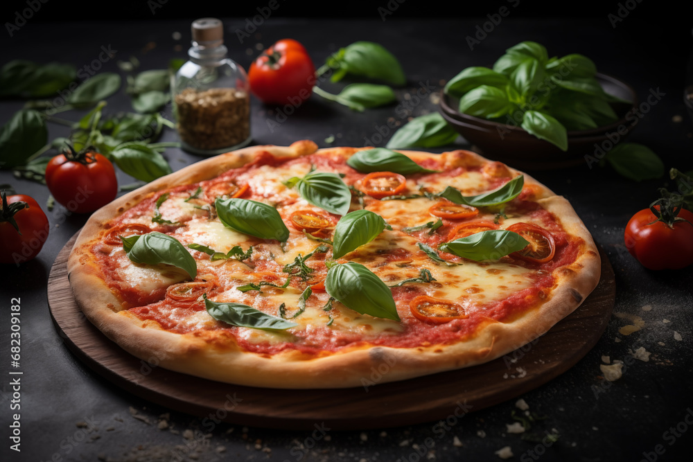 Italian pizza Margherita with cheese, tomato sauce and basil on the wooden board on the black table