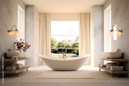 A sunlit stunning bathroom with a freestanding tub  big window and marble accents