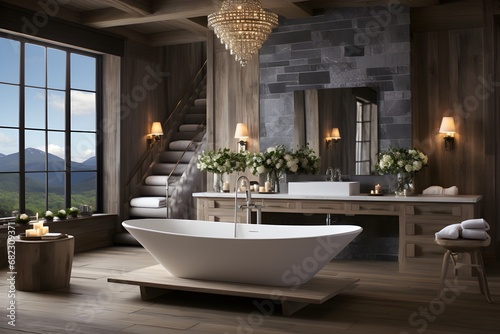 A chic bathroom with a big window  freestanding tub and stylish fixtures