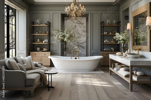 A stylish bathroom with a freestanding tub, marble accents and upscale fixtures