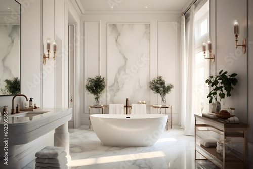 A white marble bathroom with a freestanding tub and elegant fixtures for a spa-like experience