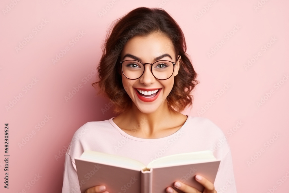 Portrait of cute cheerful person, smile hold read opened book on pink color background Portrait of cute cheerful person, smile hold read opened book on pink color background