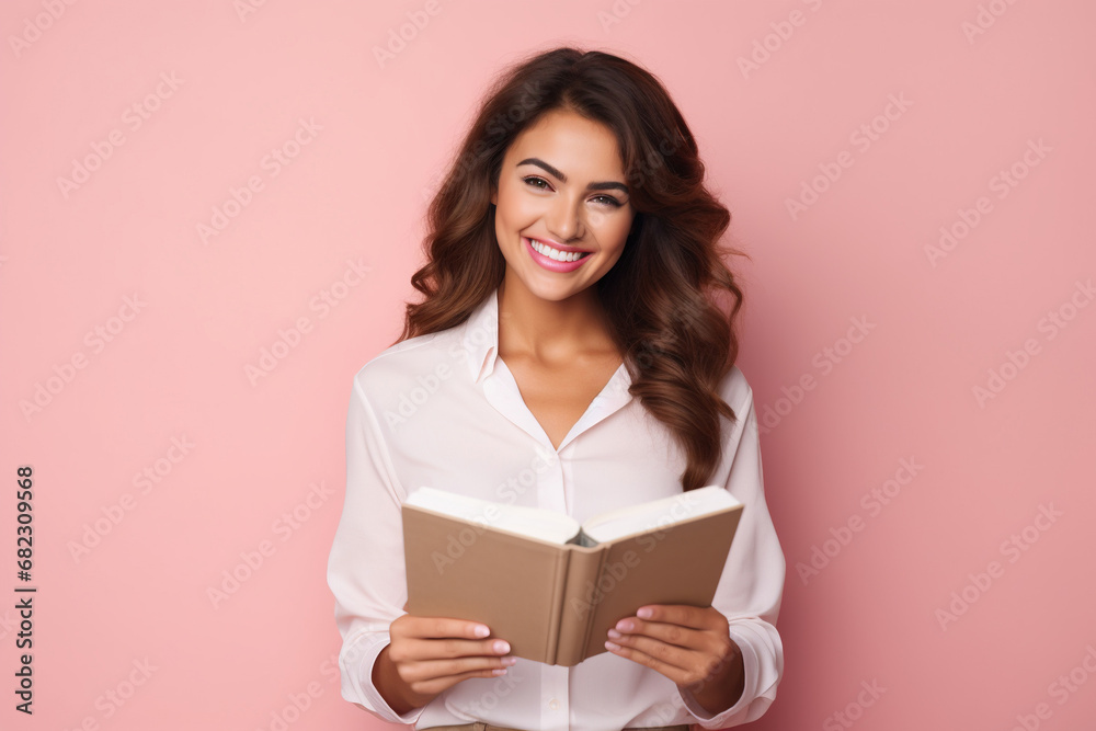 Portrait of cute cheerful young woman, toothy smile read opened book, isolated on pink color background Portrait of cute cheerful young woman, toothy smile read opened book, isolated on pink color background