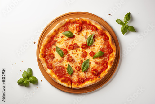 Italian pizza Margherita with cheese, tomato sauce and basil on wooden board on the white background
