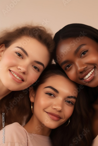 Three cool confident pretty gen z girls looking at camera posing for beauty portrait, multiethnic stylish young women, multicultural hipster models inclusive faces isolated on beige background