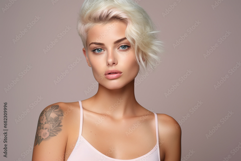 Young blond pretty smiling girl beauty female model with short blonde hair beautiful face healthy skin and tattoos looking at camera isolated at beige background