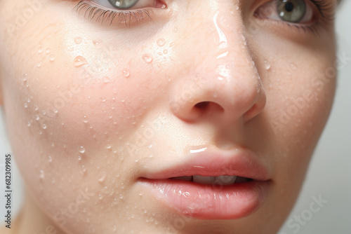 Close-up of woman face with eye eyelashes and eyebrows with water drops. photo