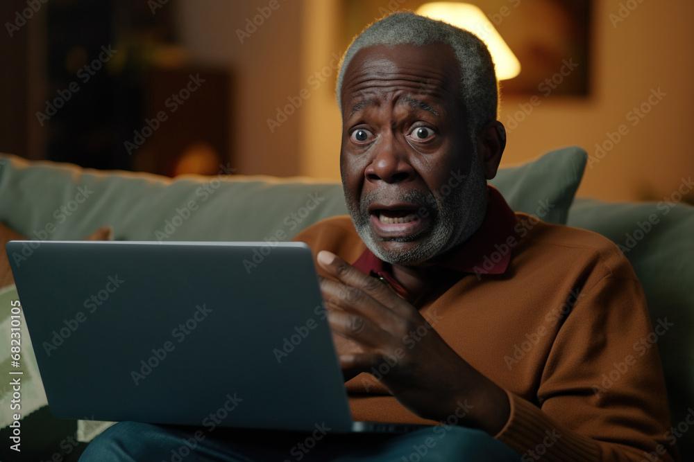 Elderly African American man sit on couch hold pc on lap cant believe in luck online lottery win crying from happiness, received awful bad news feels unhappy - obrazy, fototapety, plakaty 