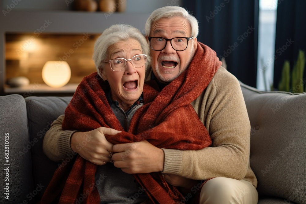 Elderly couple sit on couch hold pc on lap cover face with hands during thriller movie scary moment Elderly couple sit on couch hold pc on lap cover face with hands during thriller movie scary moment