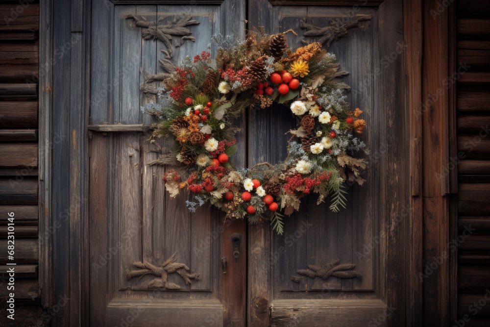 a christmas wreath hanging on a rustic wooden door a christmas wreath hanging on a rustic wooden door