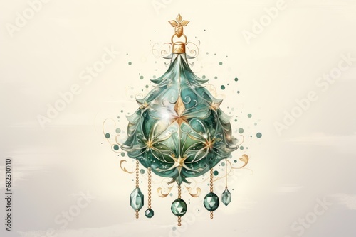  a painting of a green christmas tree with ornaments hanging from it's sides and a person standing on top of it with a star on top of the top of it.