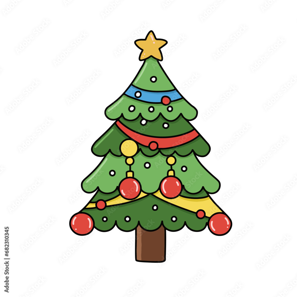 kawaii Christmas pine tree colorful ornaments icon. Winter event. Christmas, winter or New Year. doodle elements.
