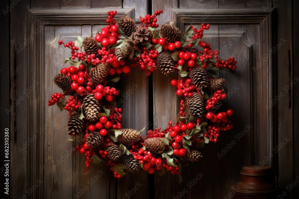 a christmas wreath with pine cones and red berries on a wooden door a christmas wreath with pine cones and red berries on a wooden door