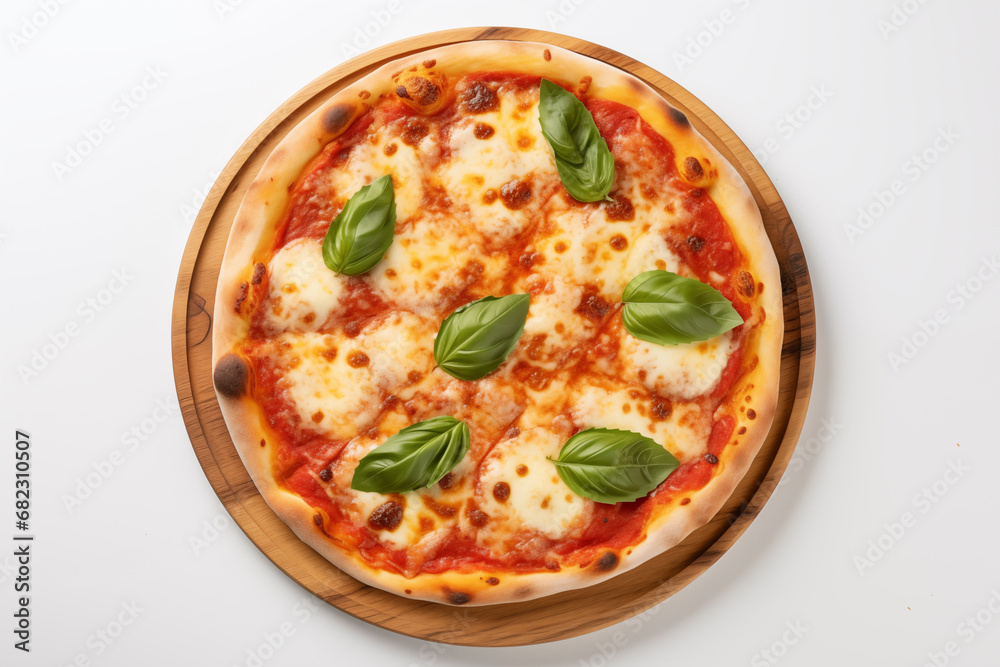 Italian pizza Margherita with cheese, tomato sauce and basil on wooden board on the white background Italian pizza Margherita with cheese, tomato sauce and basil on wooden board on the white background