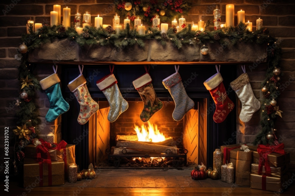 christmas stockings hanging from a fireplace mantel with a fire burning