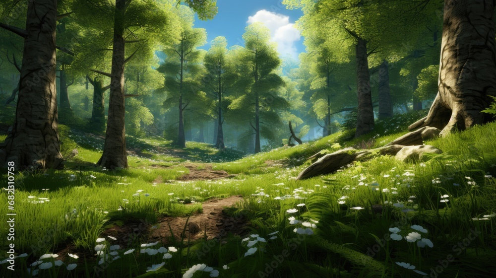 Obraz premium In the idyllic landscape of a spring forest, the fairytale like scene unfolds with blue skies, green grass meadows, and majestic woodland trunks casting shadows on the sunlit meadow. Nobody can resist