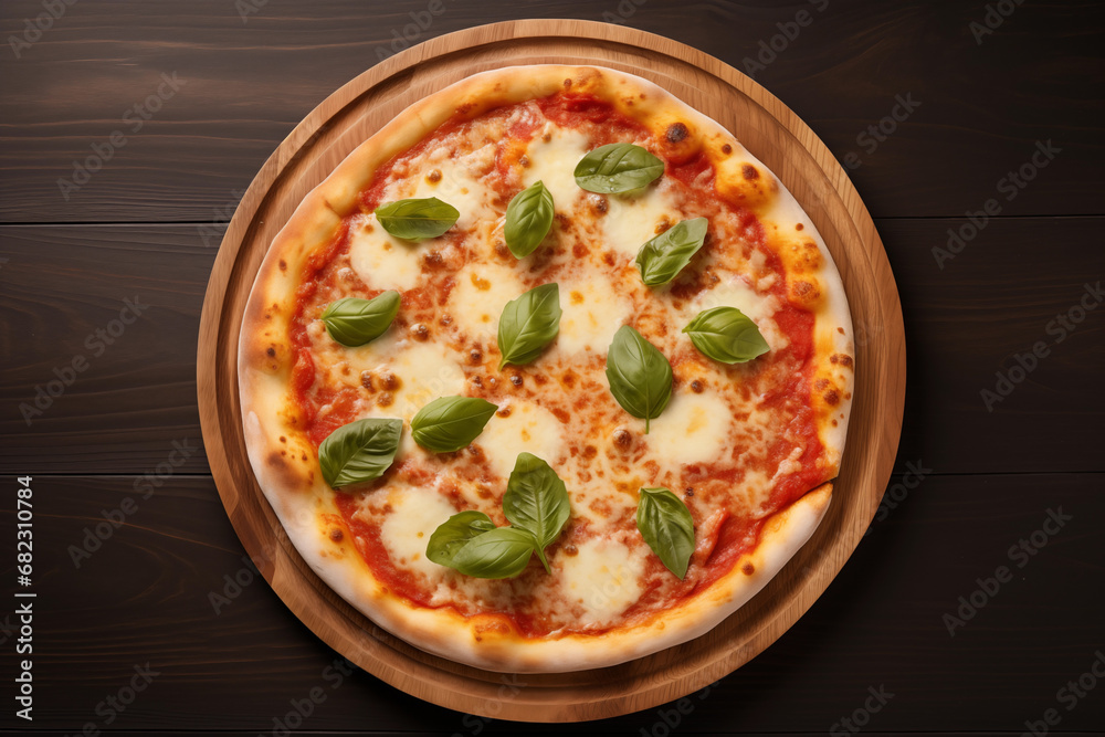 Top view of pizza Margherita with cheese, tomato sauce and basil on the board on wooden background Top view of pizza Margherita with cheese, tomato sauce and basil on the board on wooden background