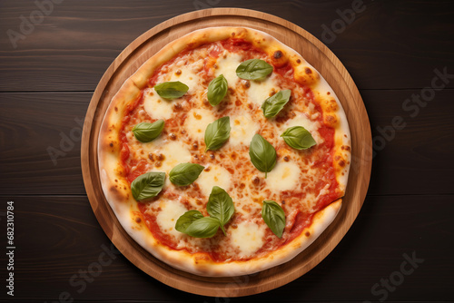 Top view of pizza Margherita with cheese, tomato sauce and basil on the board on wooden background