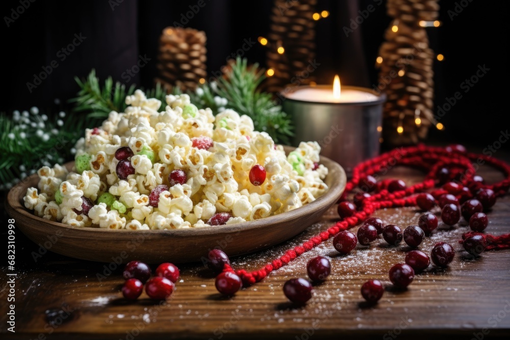 a string of christmas popcorn and cranberries surrounding the edge