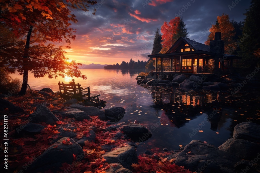 a painting of a cabin on the shore of a lake with a bench in the foreground and the setting sun in the background, with red leaves on the ground. a painting of a cabin on the shore of a lake with a bench in the foreground and the setting sun in the background, with red leaves on the ground.