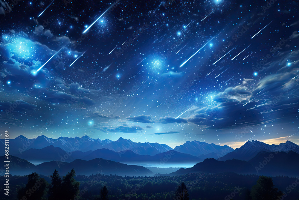 Beautiful Meteor shower in the dark sky at night background, Shiny of ...