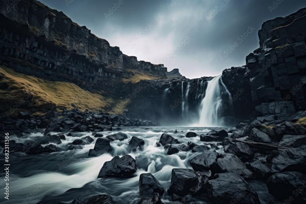 a waterfall in the middle of a rocky area with rocks and grass on either side of the waterfall is a body of water with a waterfall running down the middle of water. a waterfall in the middle of a rocky area with rocks and grass on either side of the waterfall is a body of water with a waterfall running down the middle of water.