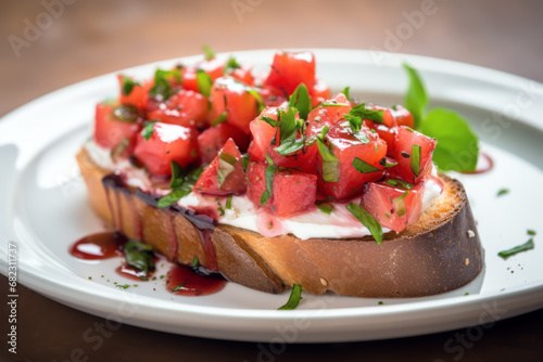 Close up of homemade Italian bruschetta appetizer on a white plate. Lifestyle concept of food and dish.