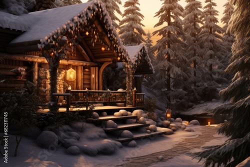  a cabin in the middle of a snowy forest with lights on the porch and steps leading up to the porch and steps leading up to the front of the cabin.