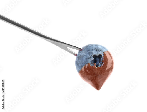 Blueberry with melted chocolate isolated on fondue fork against white background