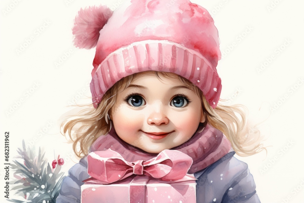 a painting of a little girl wearing a pink hat and scarf and holding a pink gift box with a pink pom - pom on it's head. a painting of a little girl wearing a pink hat and scarf and holding a pink gift box with a pink pom - pom on it's head.