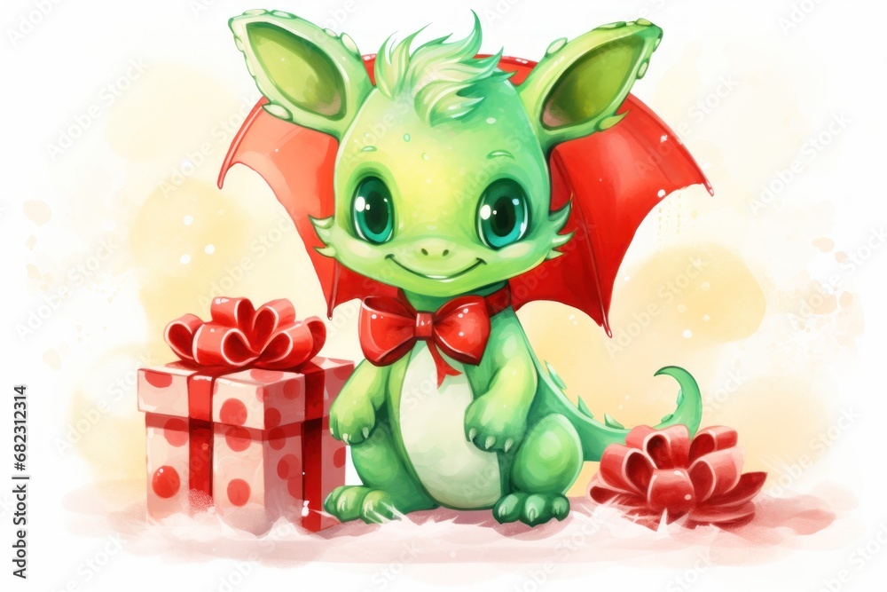  a green baby dragon sitting next to a red box with a red bow on it's head and a red umbrella over its head, with a red ribbon around its neck.
