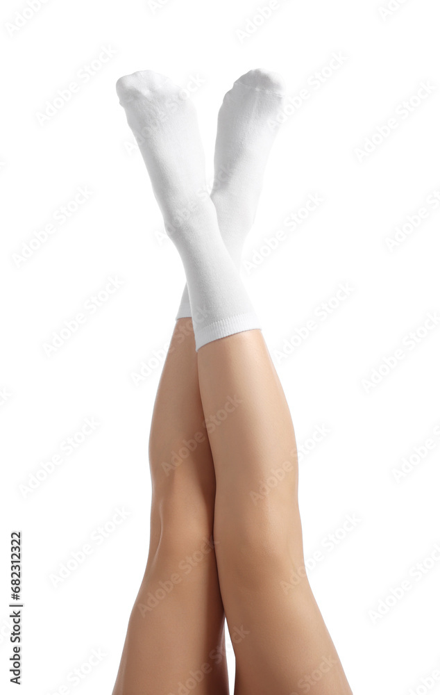 Woman in stylish socks on white background, closeup Woman in stylish socks on white background, closeup
