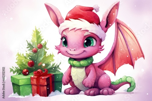  a pink dragon sitting next to a christmas tree with a red hat on it s head and a green scarf around it s neck  next to a gift box and a christmas tree.